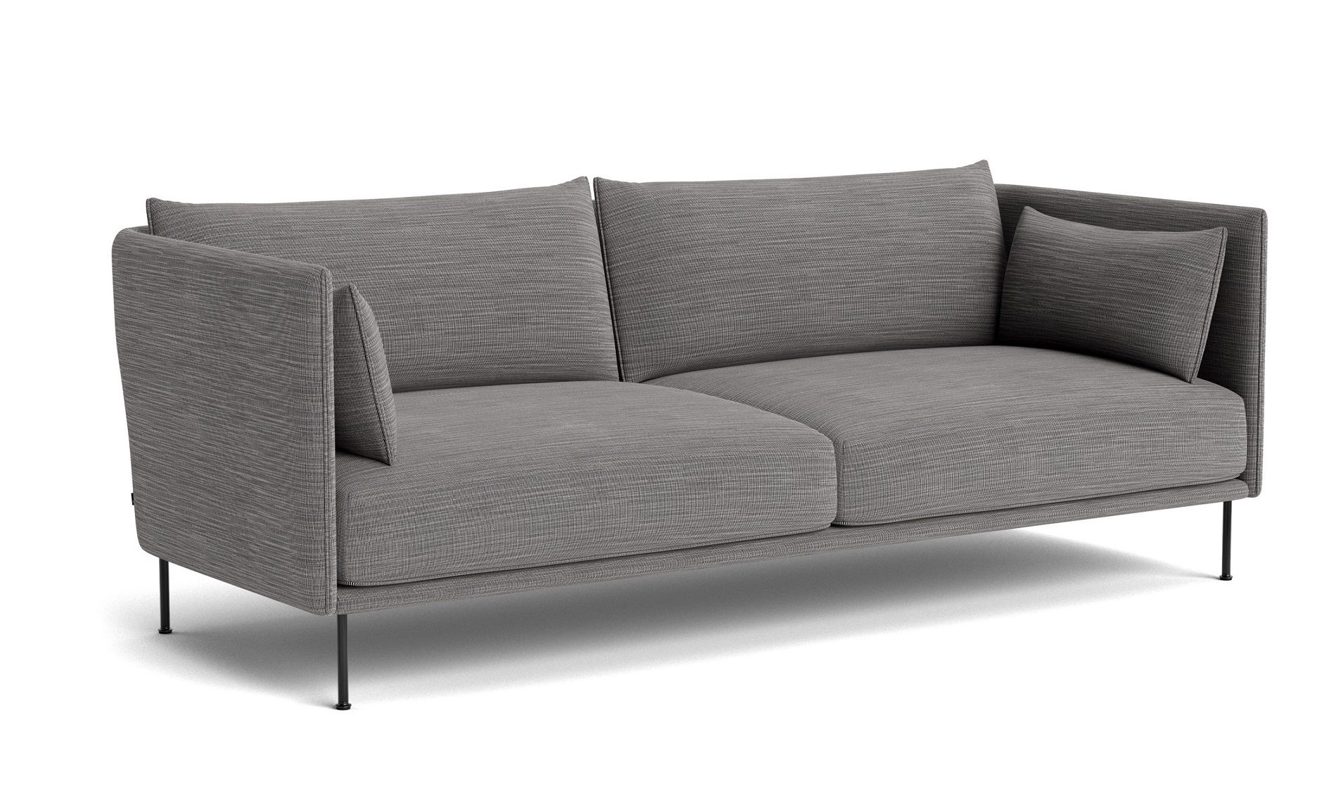 Graues Silhouette Sofa von Hay, 3-Sitzer, mit niedriger Rückenlehne und schwarzen Füßen.