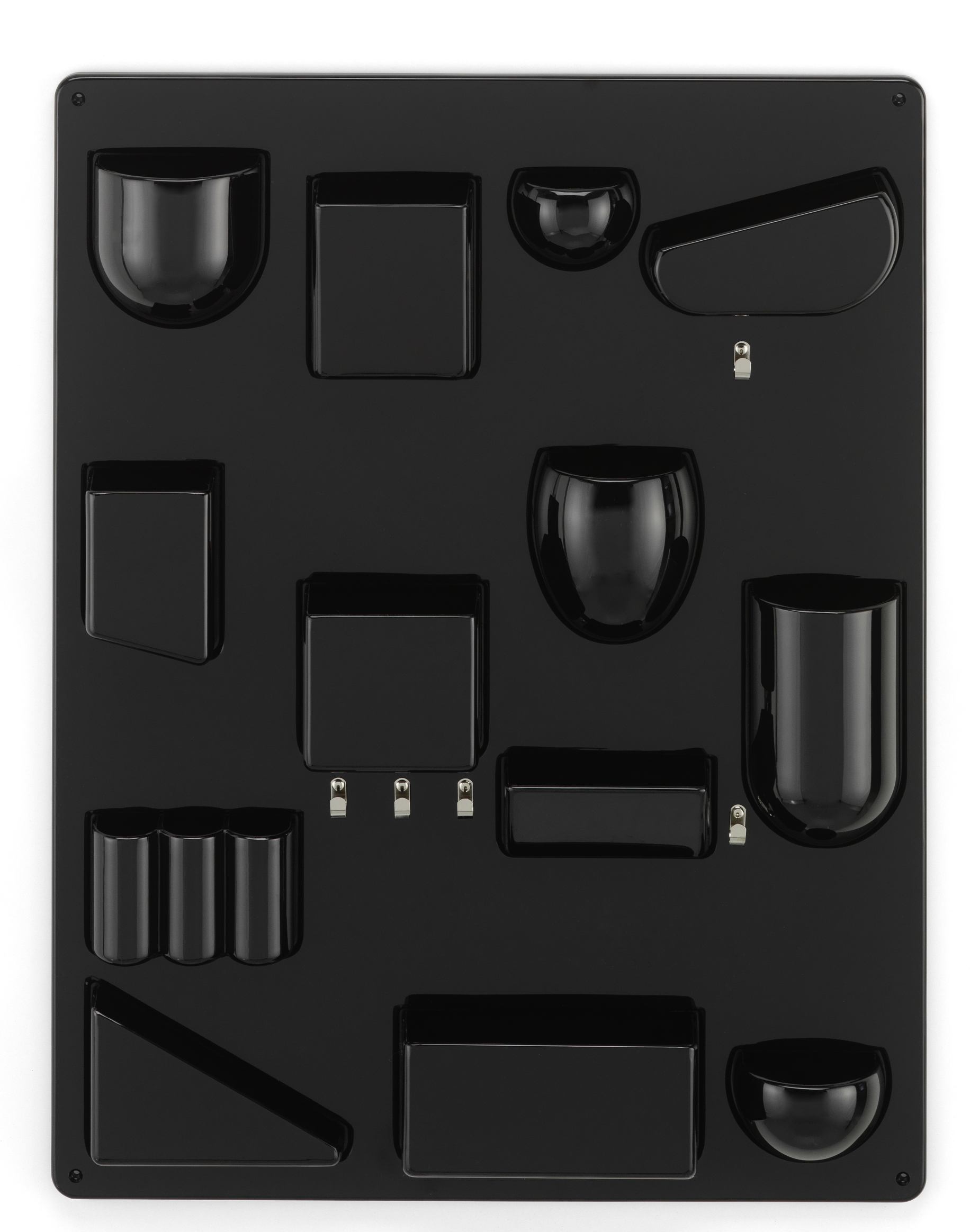 Schwarzes Vitra Uten.Silo RE II Ordnungssystem mit verschiedenen Fächern und Haken zur Wandmontage, ideal für Büro und Zuhause.