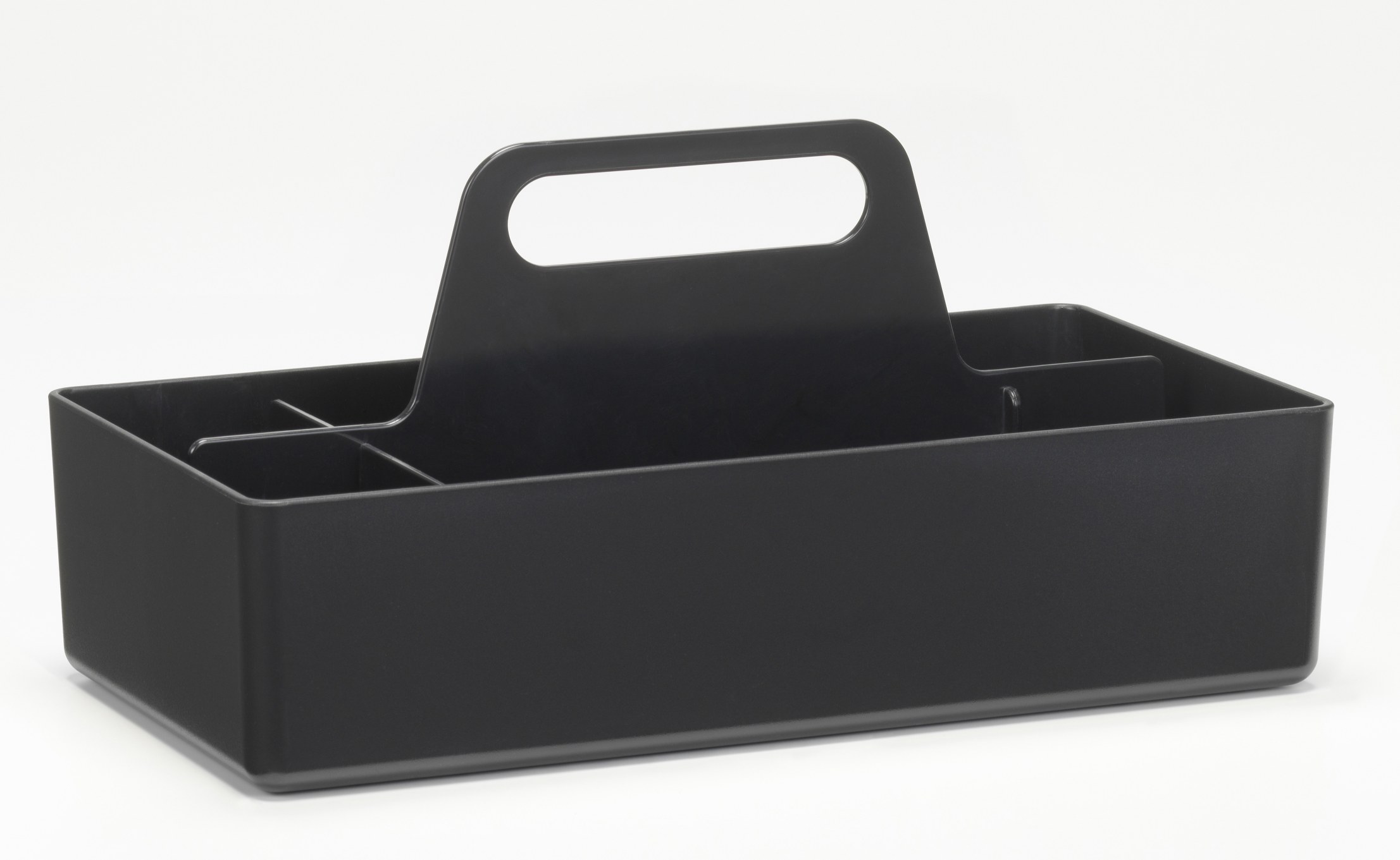 Dunkelgraue Vitra Toolbox RE, eine praktische Organisationsbox mit Tragegriff für Büro, Werkstatt oder Zuhause.