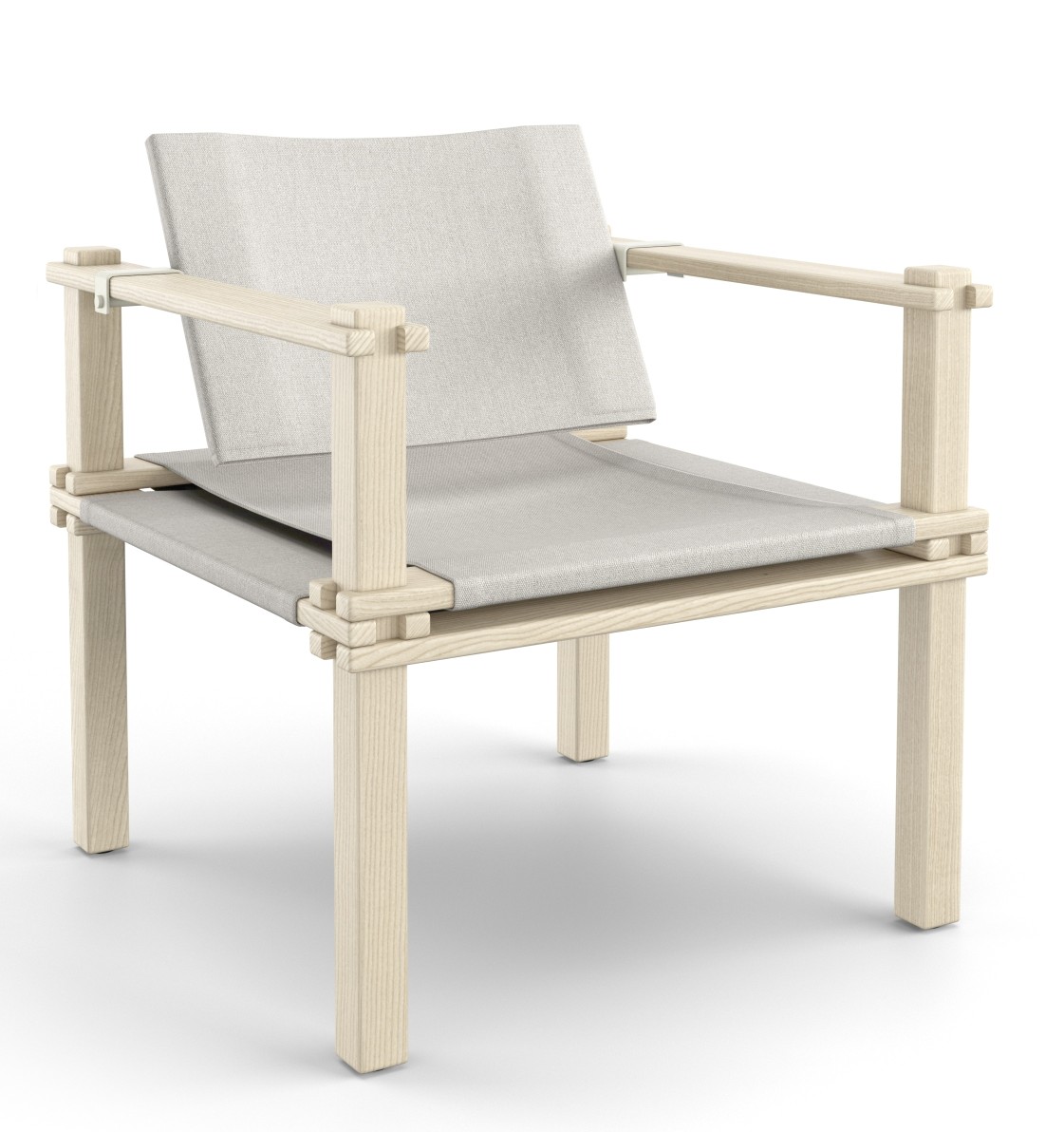 Farmer Sessel Outdoor Cor: Moderner Gartensessel aus hellem Holz und Stoffbezug für Terrasse und Balkon.