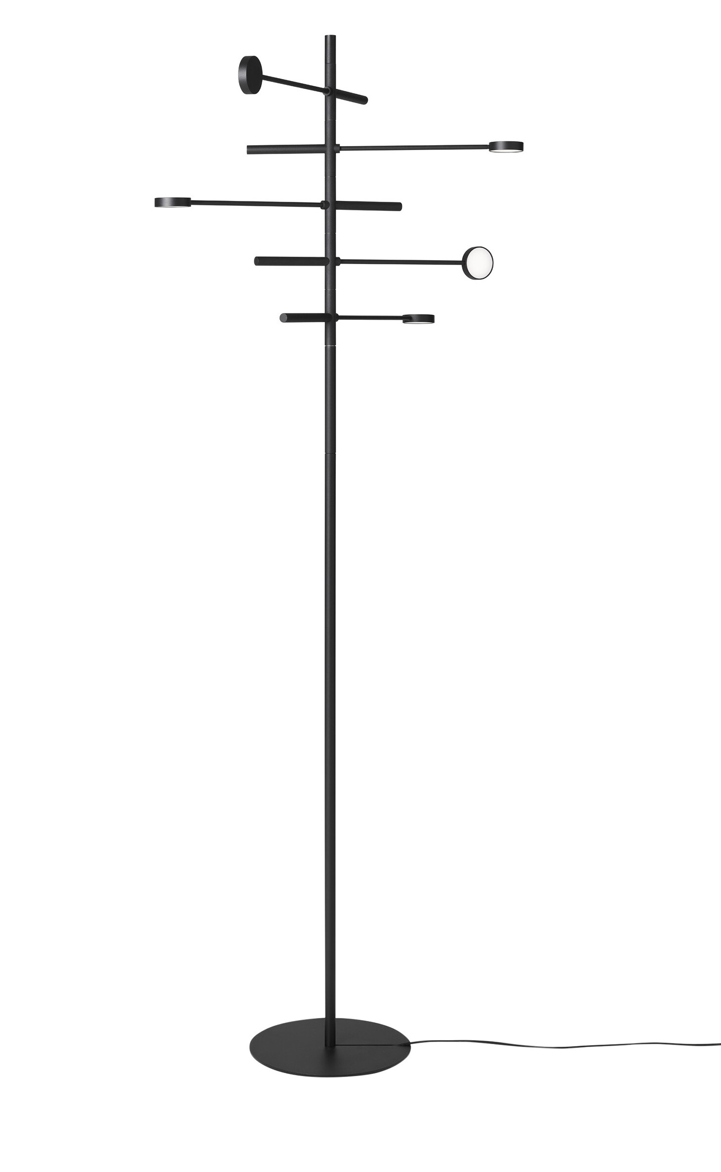 Schwarze Kingpin Floor Stehleuchte Japth mit runden Lampenschirmen und modernem Design. Stehlampe für Wohnzimmer.