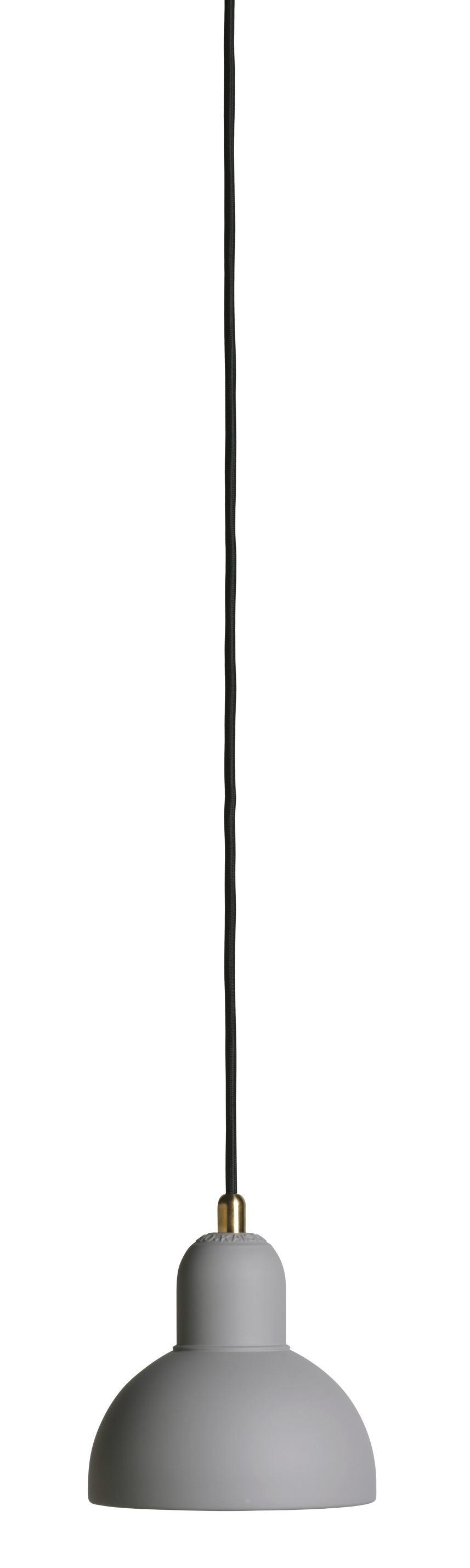 Graue Fritz Hansen Pendelleuchte 6722-P mit schwarzem Kabel und Messing-Detail, modernes Design.