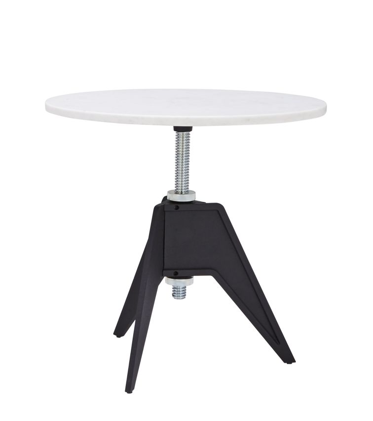 Screw Café Table von Tom Dixon mit weißer Tischplatte und schwarzem Metallfuß.