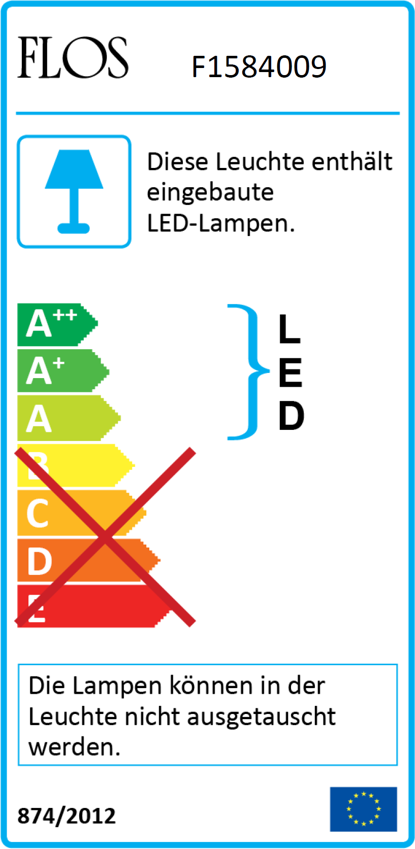 Energielabel der Flos Clessidra Wandleuchte mit integrierten LEDs und Energieeffizienzklasse.