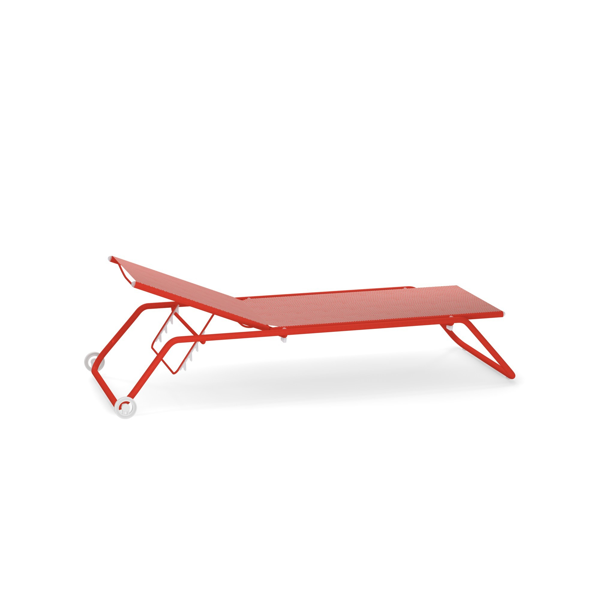 Rote Emu Snooze Sonnenliege aus Metall mit Rollen für Garten, Terrasse und Balkon.