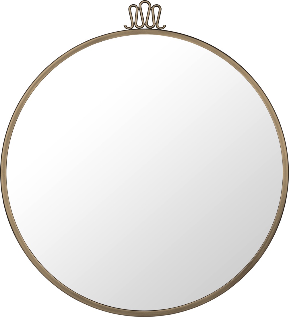 Runder Randaccio Wandspiegel von Gubi mit goldenem Rahmen und dekorativer Aufhängung. Design Spiegel für Wohnraum.