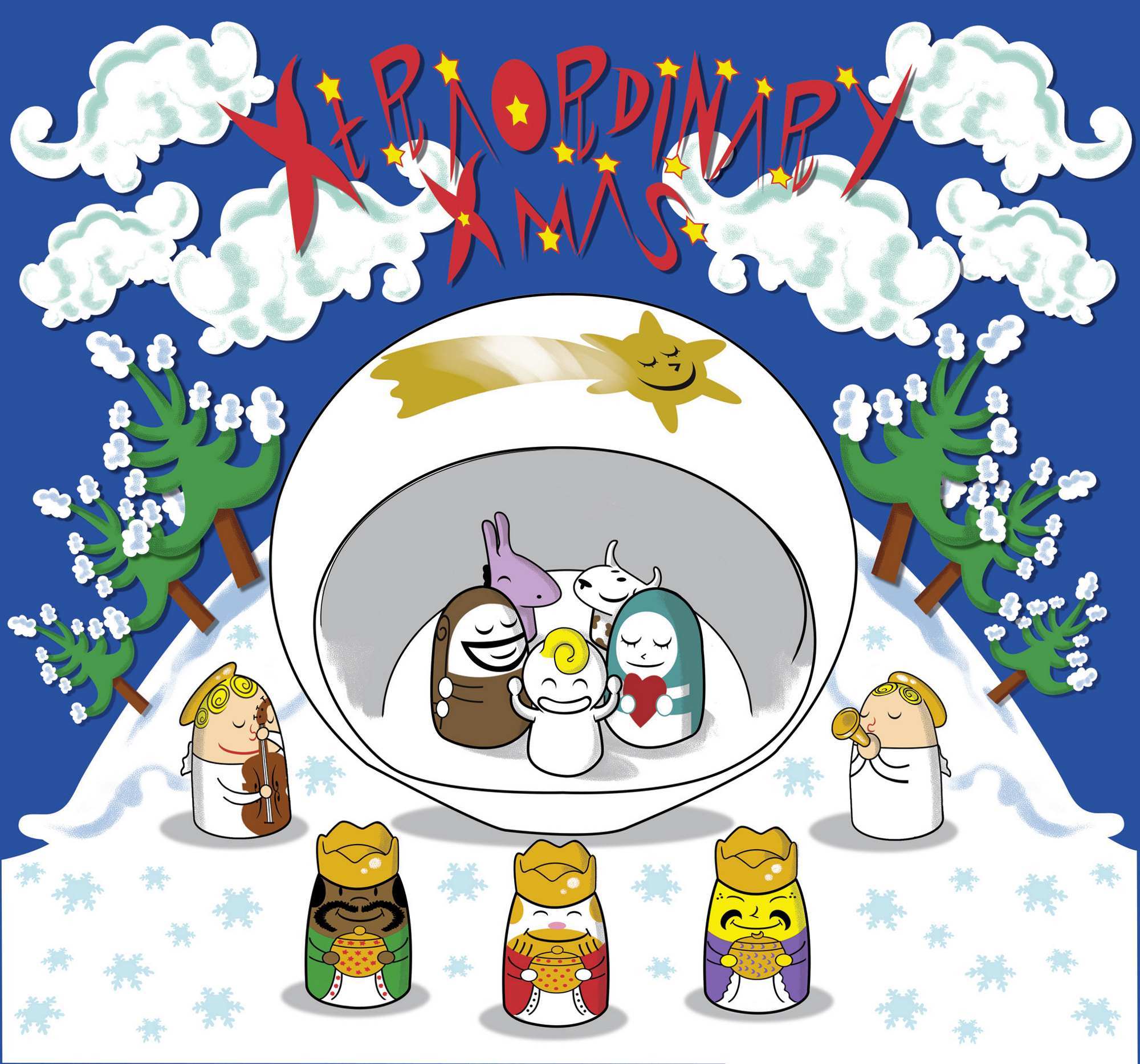 Alessi Weihnachtskrippe: Cartoonartige Darstellung der Heiligen Familie, der drei Könige und eines Engels.