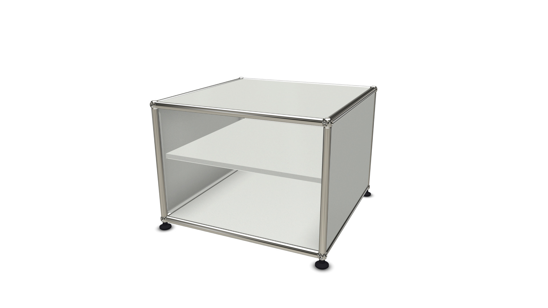 USM Haller Beistelltisch in Lichtgrau mit Zwischentablar, modernes modulares Möbeldesign für Wohnzimmer und Büro.