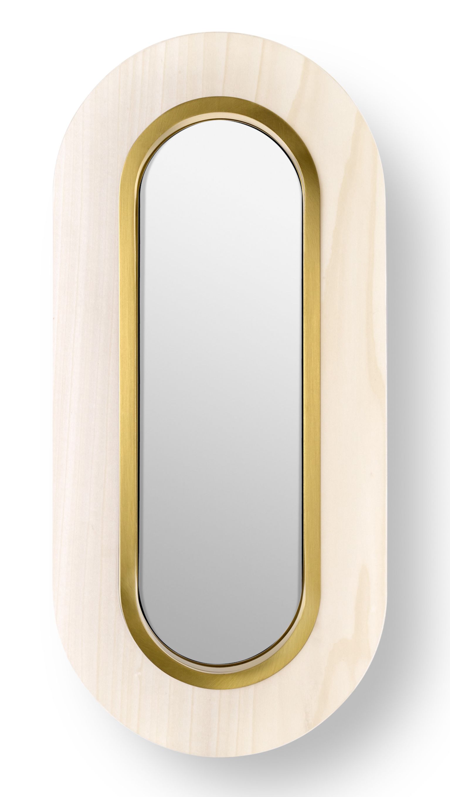 Ovale Lens LED Wandleuchte von LZF Lamps mit goldenem Metallring und Holzrahmen.