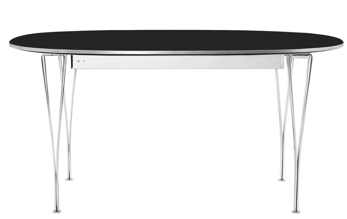 Fritz Hansen Super Elliptisch Ausziehtisch mit schwarzer Tischplatte und verchromtem Stahlgestell, Frontansicht.