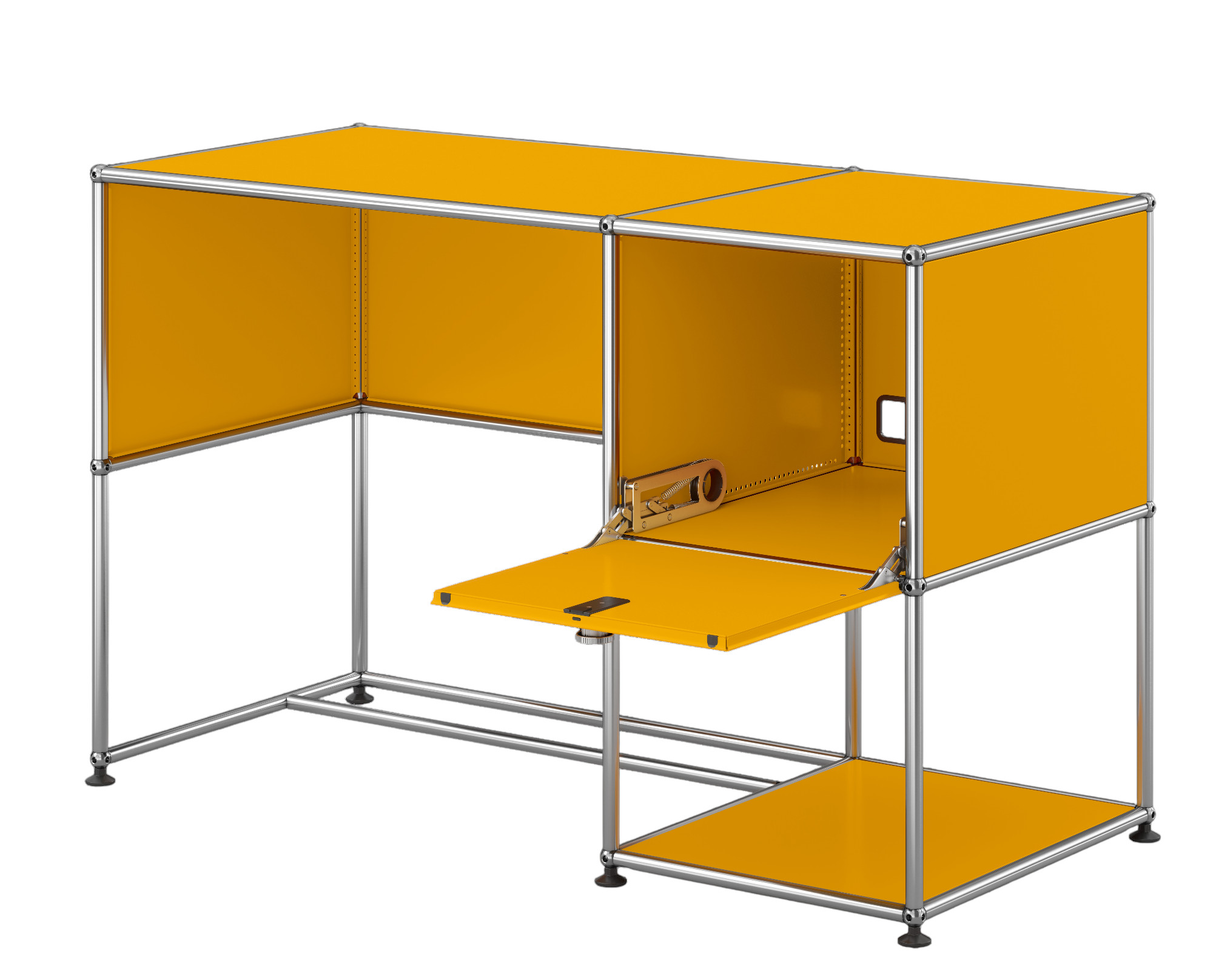 Goldgelber USM Haller Schreibtisch mit Ausziehtür, modernes modulares Design für Büro und Arbeitszimmer.