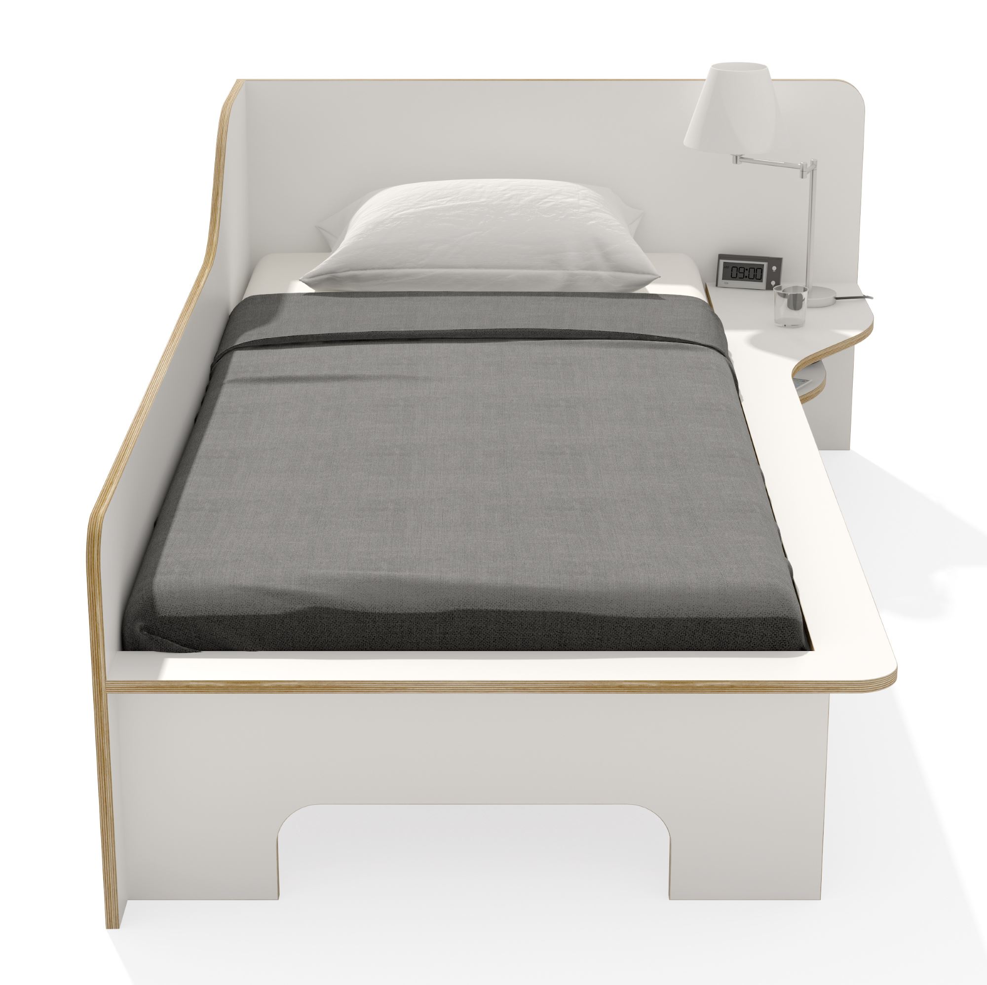 Weißes Plane Einzelbett von Müller Möbelwerkstätten mit Nachttisch, Lampe und grauer Decke.