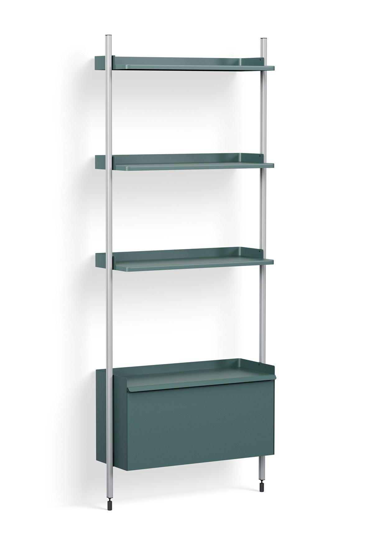 Pier System Regal in Stahlblau-Aluminium: Einzelnes, modernes Wandregal mit drei Ablagen und einem Schrankelement.