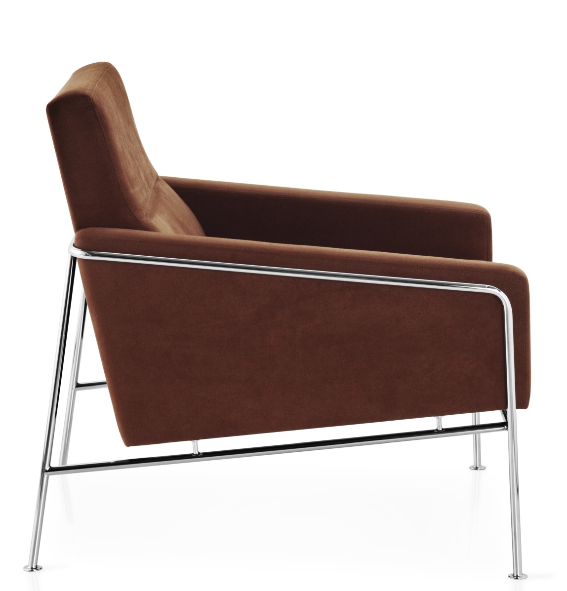 Brauner Fritz Hansen Sessel Serie 3300 mit Chromgestell, Seitenansicht. Designklassiker für Wohnzimmer und Büro.