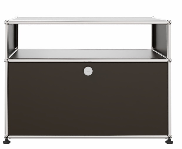 USM Haller Beistellmöbel in Braun mit Schublade und offenem Fach, modernes Designmöbel.