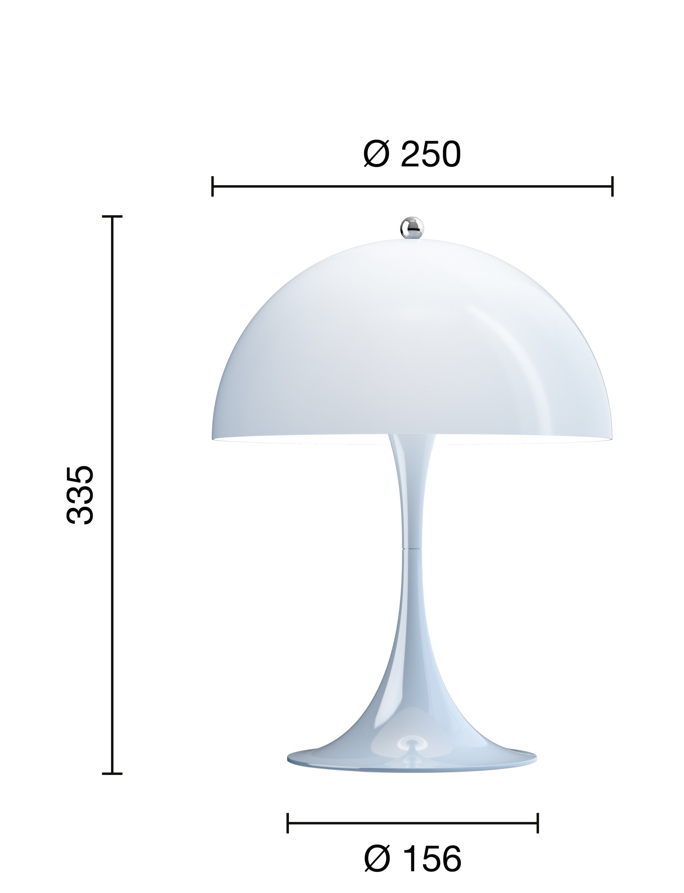Panthella Tischleuchte 250 von Louis Poulsen in Opal Pale Blau mit Maßangaben.