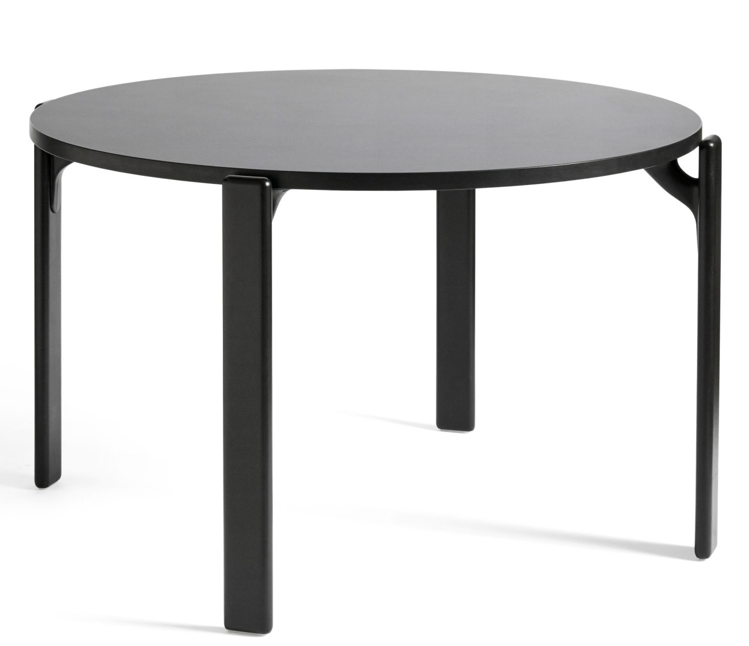 Schwarzer Rey Table Tisch von Hay mit runder Tischplatte und drei Beinen.