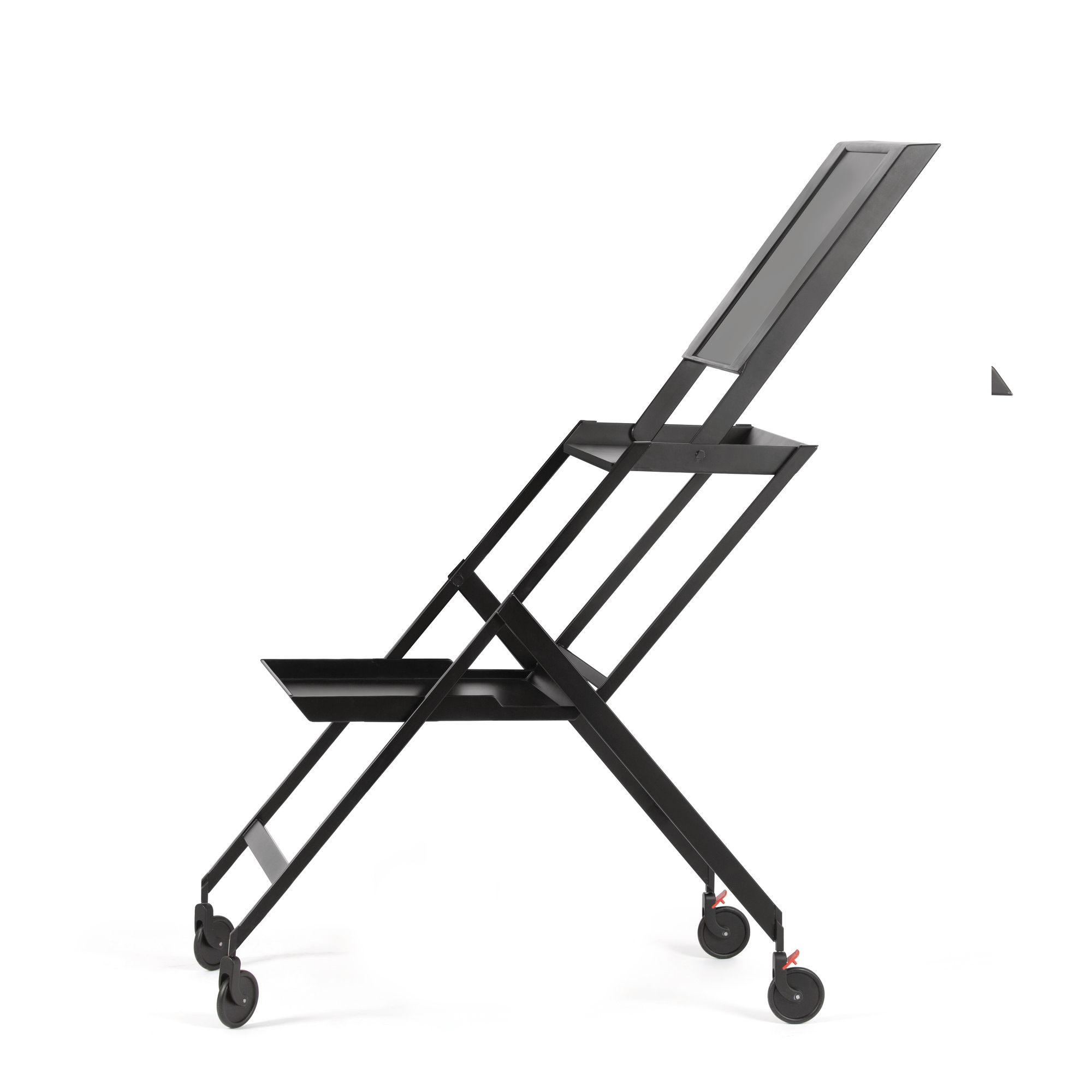 Schwarzer RS11 B Plico Servierwagen von Alessi, ein modernes Designobjekt mit zwei Ablageflächen und Rollen.