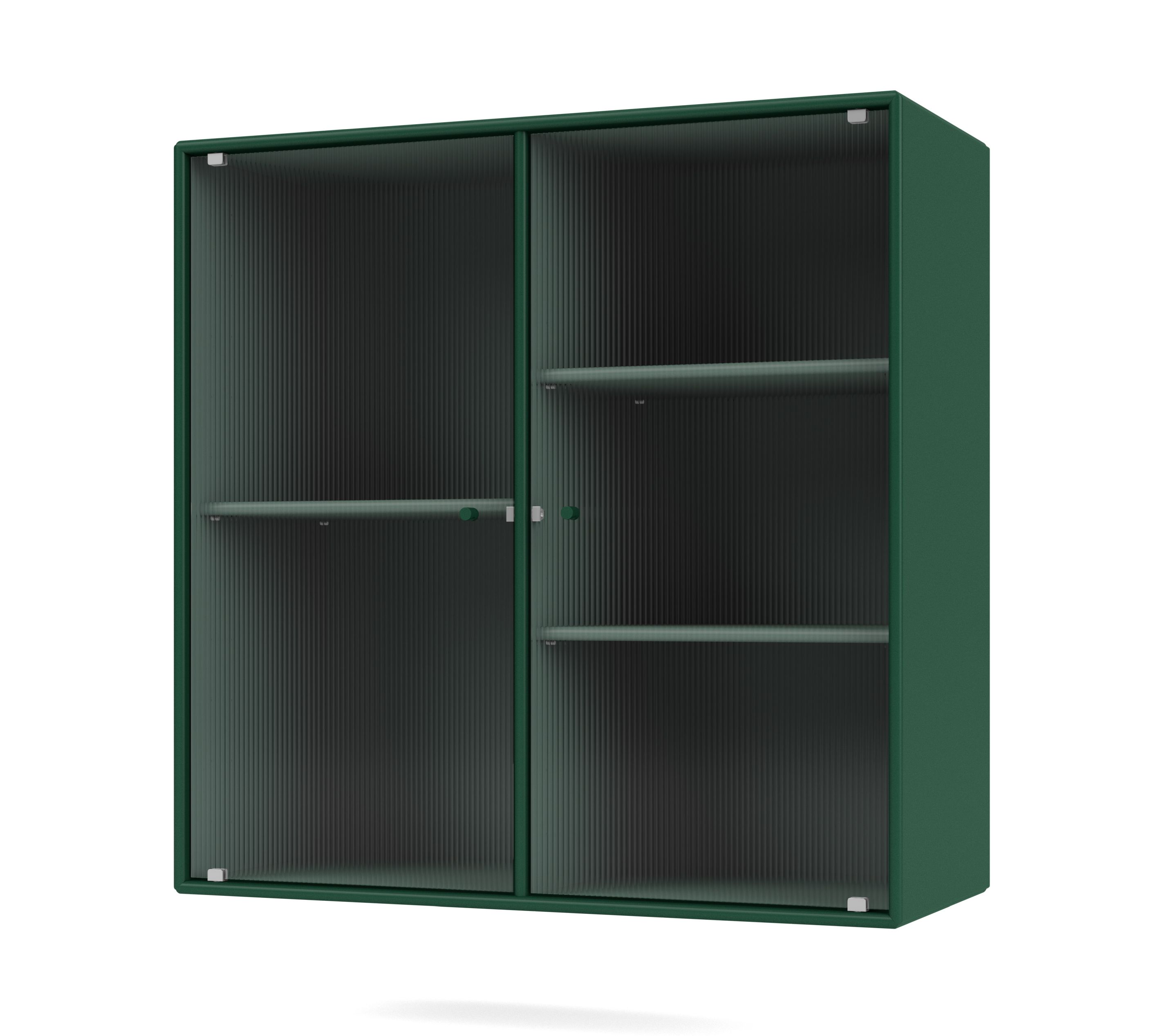 Grüner Ripple II Wandschrank mit Glastüren und Regalen für Wohnzimmer und Esszimmer.