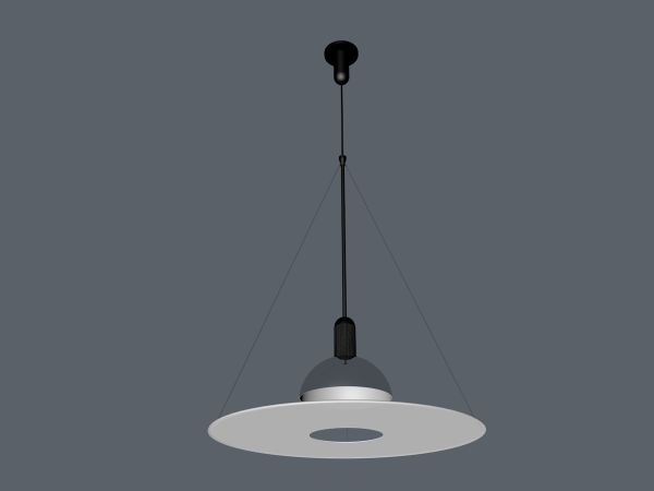 Frisbi Hängeleuchte von Flos: Moderne Pendelleuchte mit rundem, weißem Schirm und filigranen Stahlseilen.