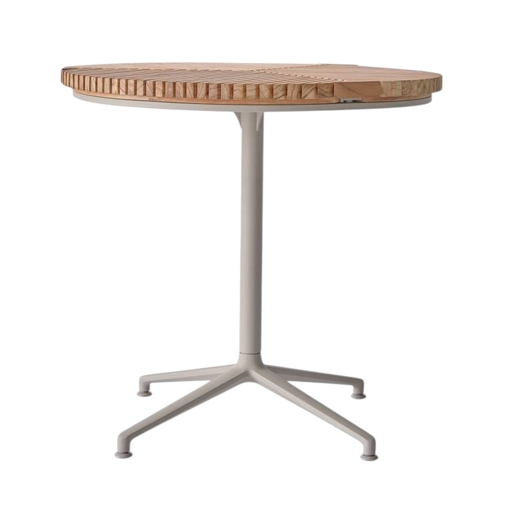 Lagrasse Outdoor Tisch von Vipp mit runder Tischplatte aus Holz und grauem Metallfuß.