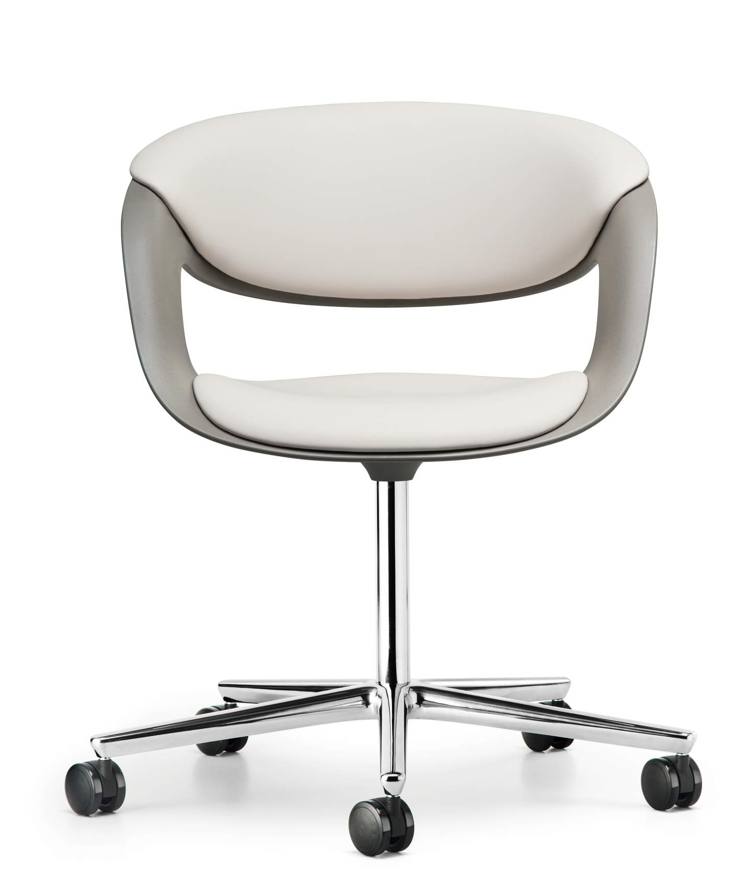 Walter Knoll Lox Drehstuhl mit weißem Sitz und Rückenlehne, Chromgestell und Rollen.