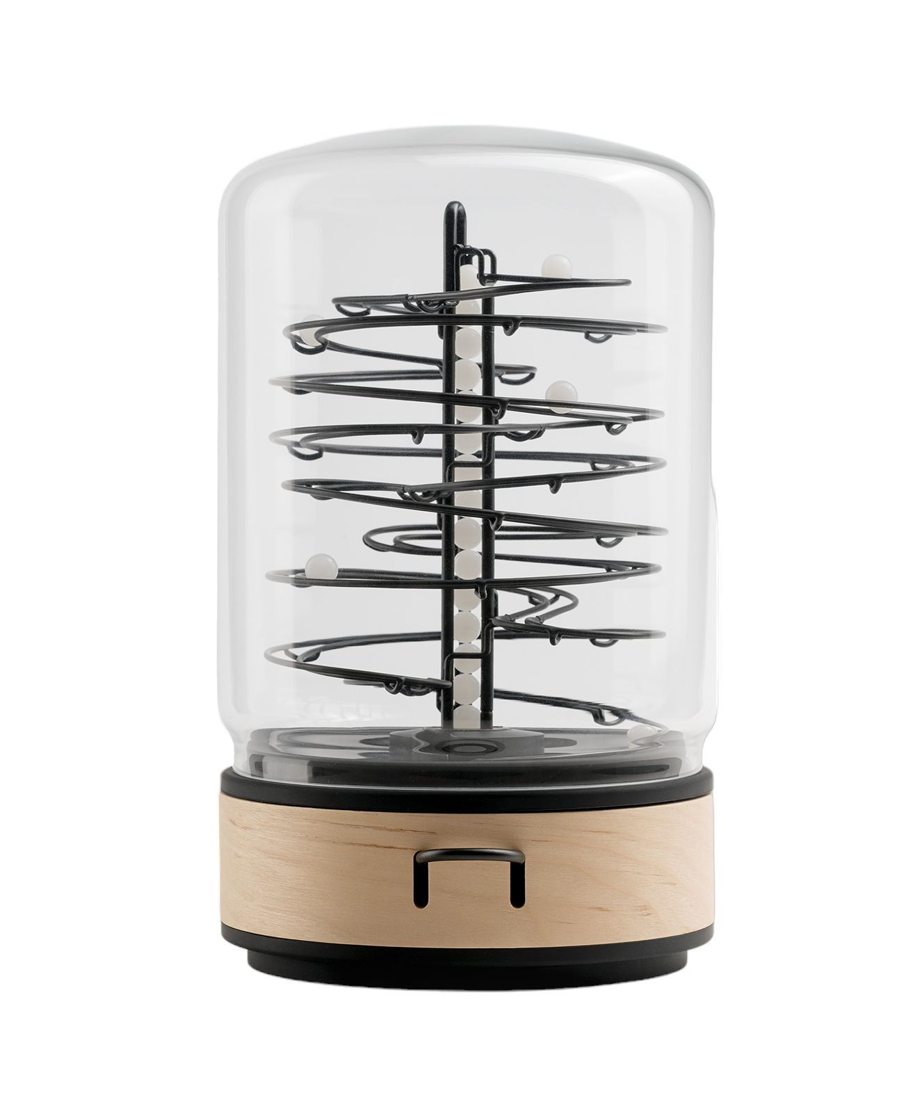 ElectRoll Classic Birch: Kugelbahn-Kinetic-Art-Skulptur mit USB-C-Kabel und Glaszylinder.