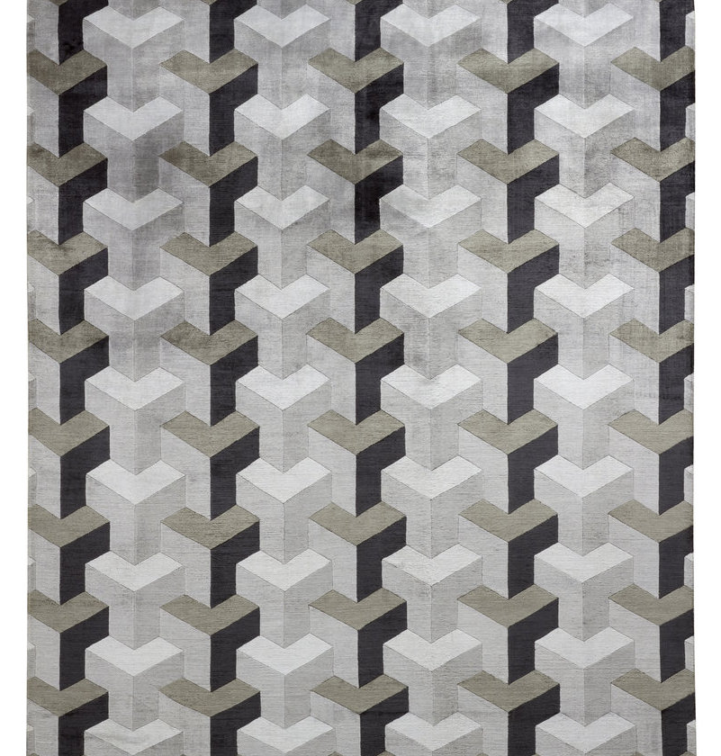 Verner Panton Teppich Ypsilon Silk: Moderner Designerteppich mit grafischem 3D-Muster in Grau- und Schwarztönen.
