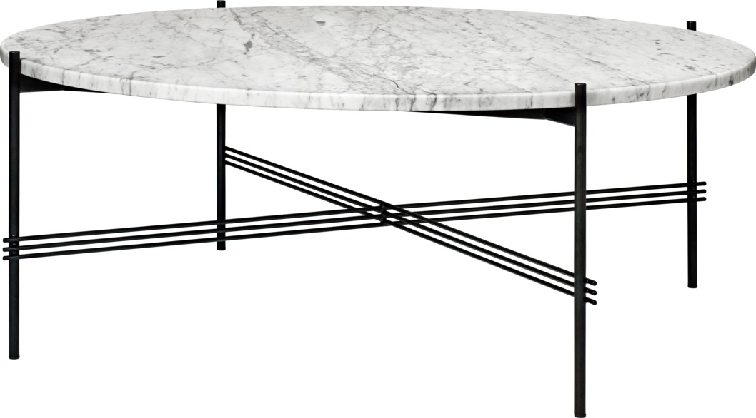 TS Coffee Table von Gubi: Runder Couchtisch mit Marmorplatte und schwarzem Metallgestell.