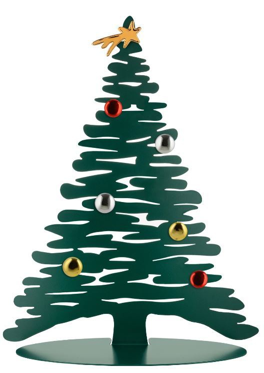 Alessi Bark for Christmas: Grüner, stilisierter Weihnachtsbaum aus Metall mit bunten Kugeln.