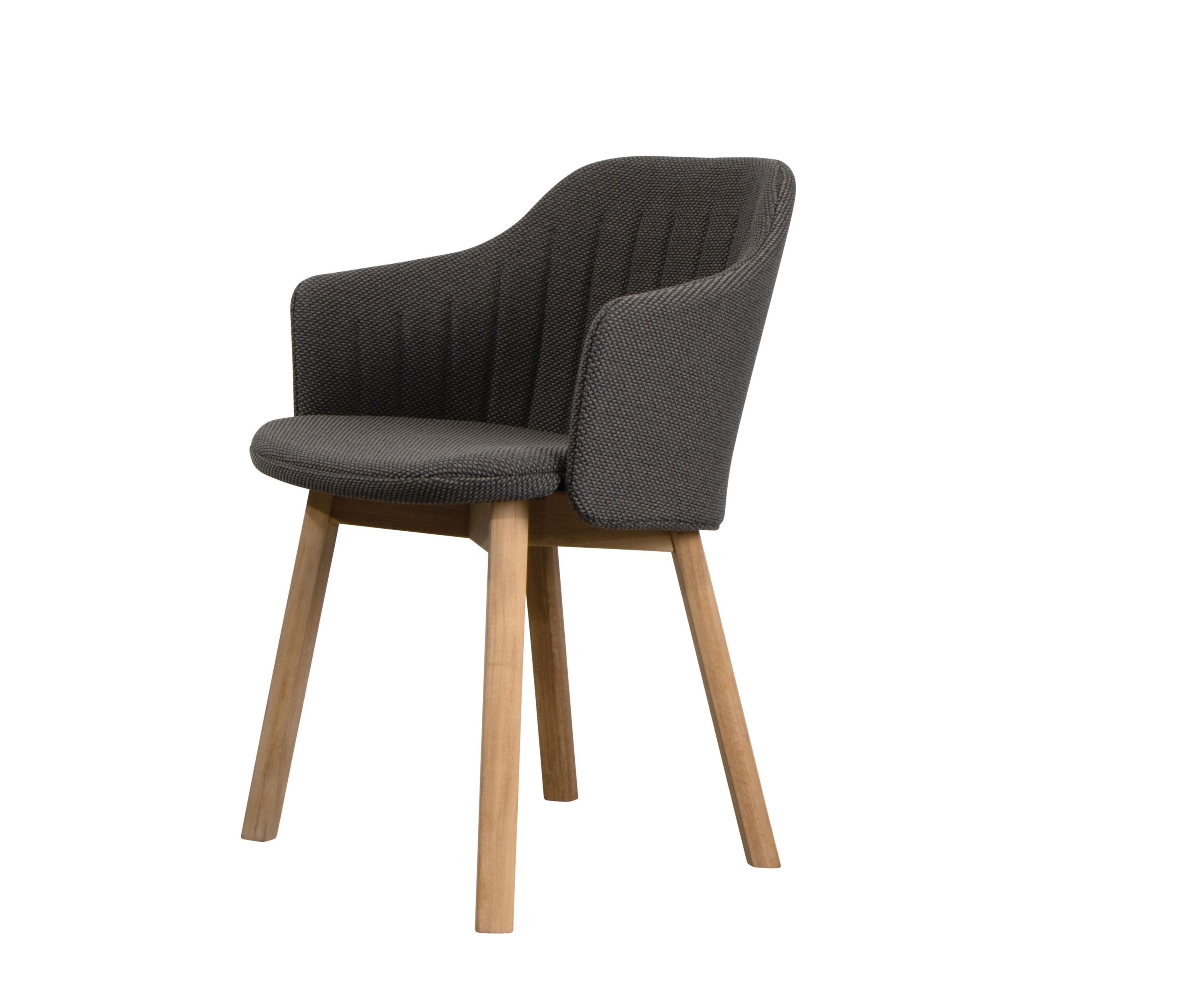 Choice Stuhl mit dunkelgrauem Rückenbezug von Cane-Line, modernes Design mit Holzbeinen.