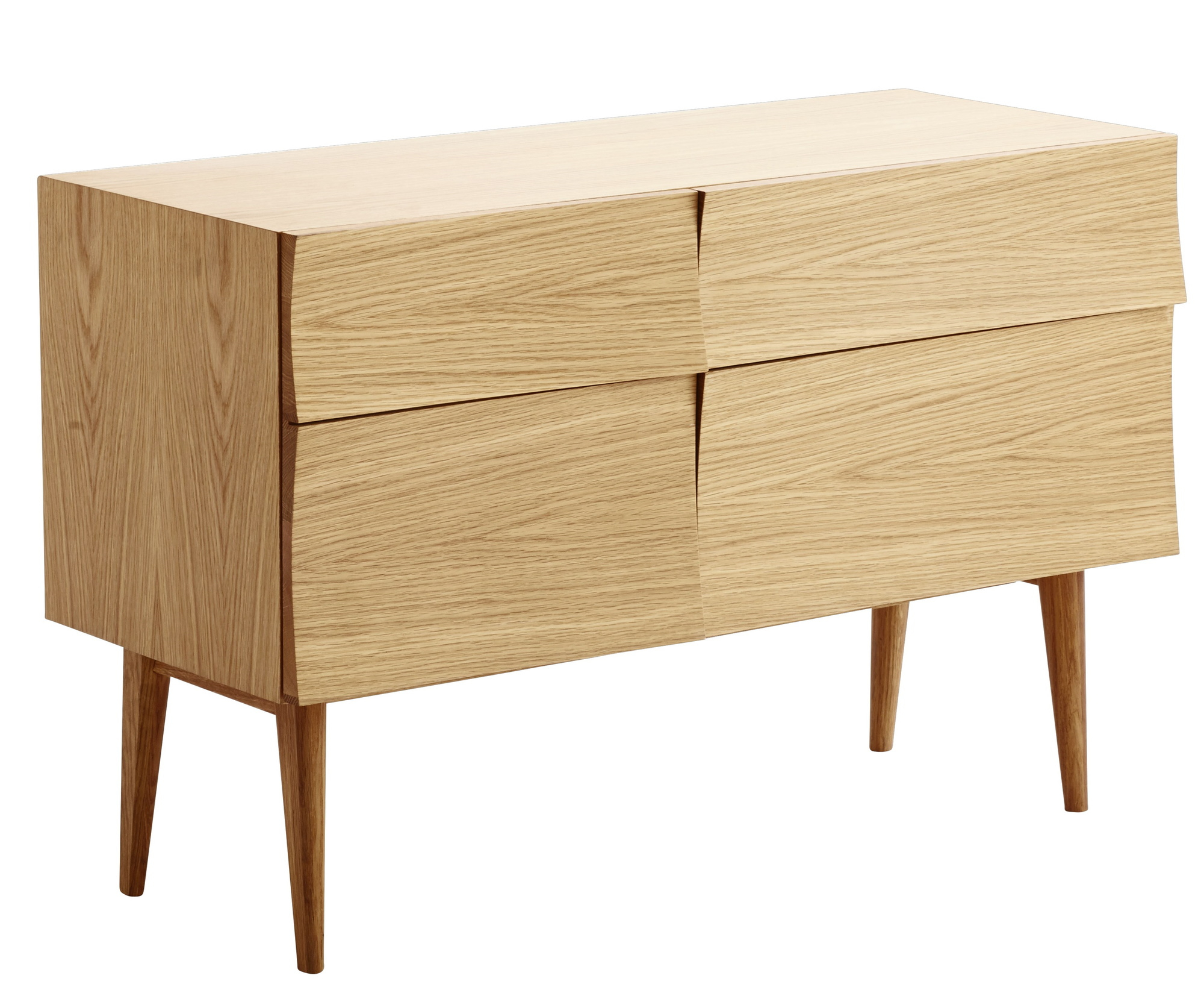 Kleines, helles Holz Sideboard von Muuto mit vier Schubladen und konischen Füßen.