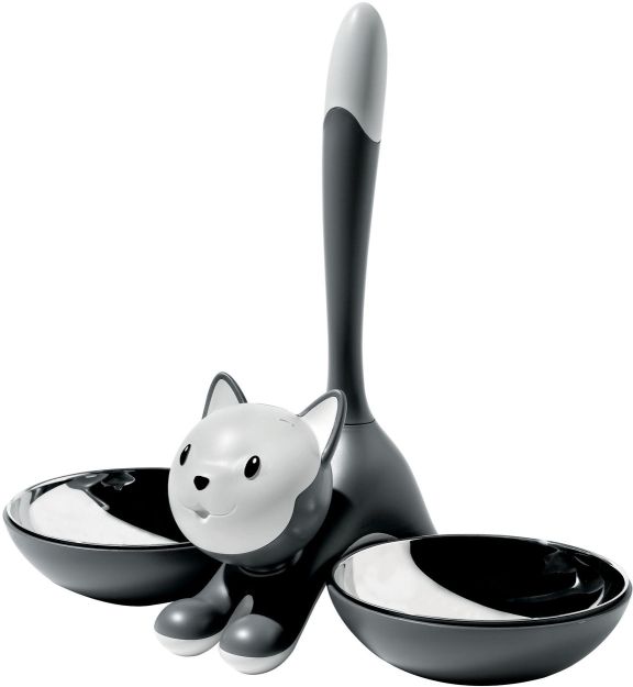 Alessi Tigrito Katzennapf: Grauer Napf mit Katzenfigur und zwei Edelstahlschalen für Futter und Wasser.