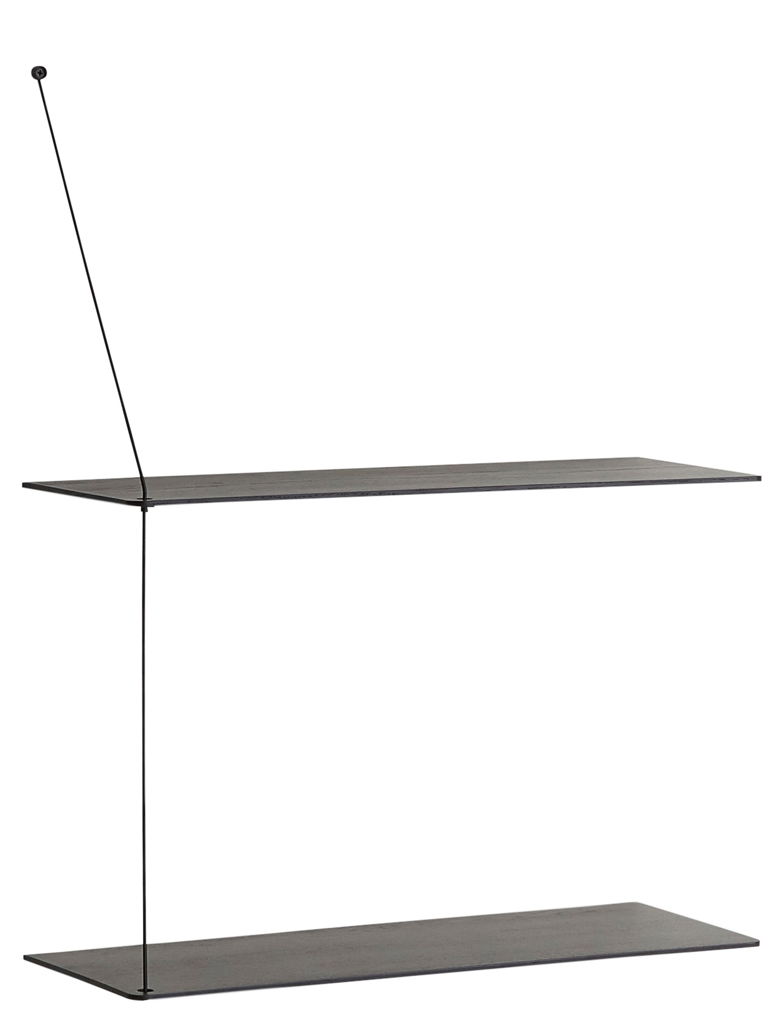 Schwarzes Stedge Wandregal aus Eiche von Woud mit zwei Regalböden und filigraner Aufhängung.