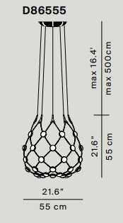 Skizze der D86 Mesh Deckenleuchte von Luceplan, Durchmesser 55cm, Kabellänge 5m, technische Zeichnung.