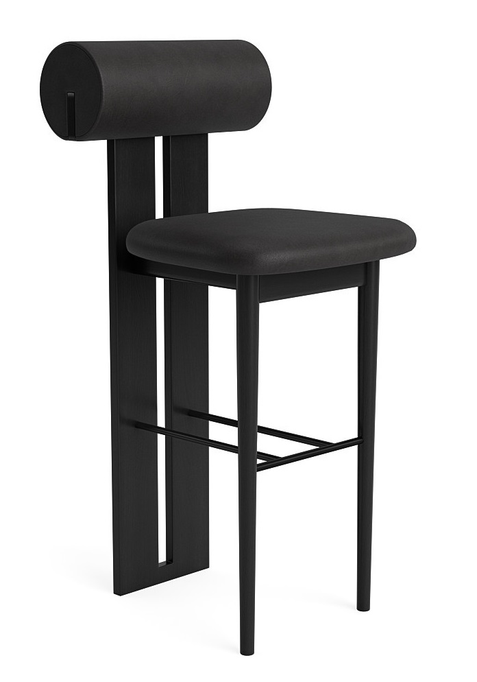 Schwarzer Hippo Barhocker von NORR11, niedriger Tresenhocker mit Rückenlehne und gepolstertem Sitz.