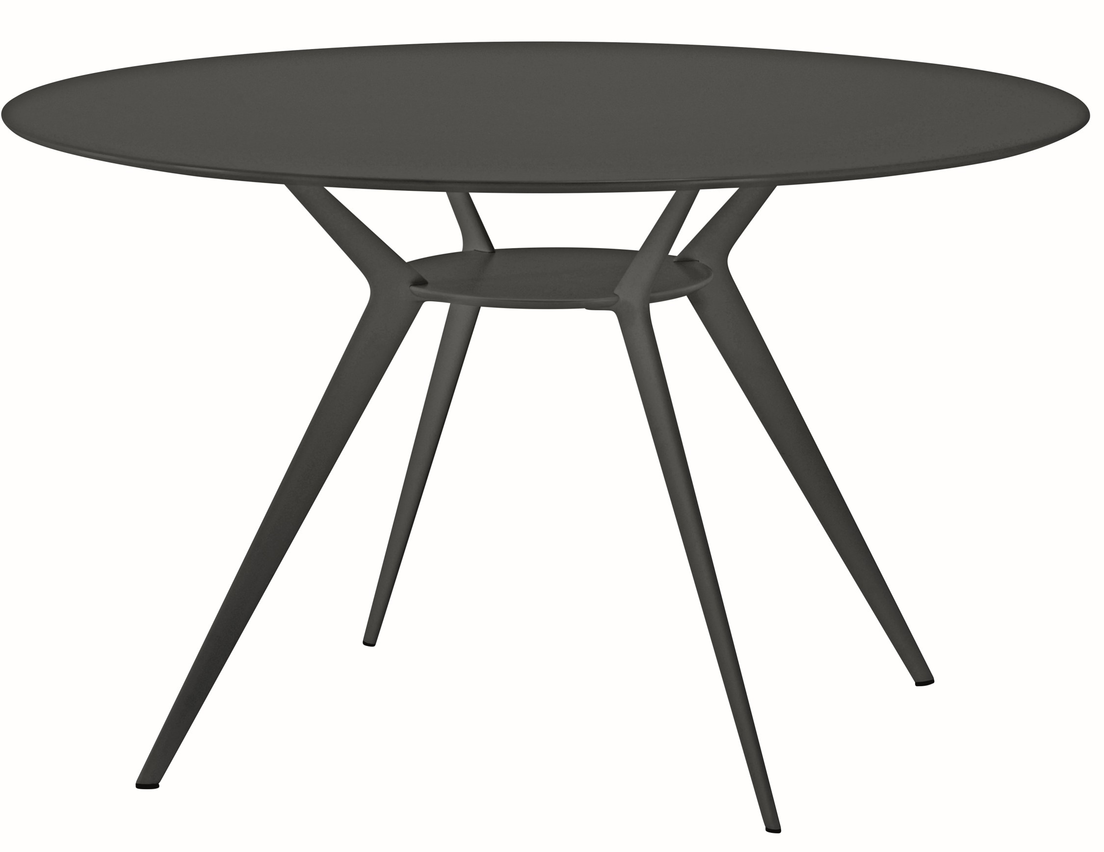 Runder, anthrazitfarbener Biplane Tisch mit filigranem Metallgestell für Esszimmer oder Küche.