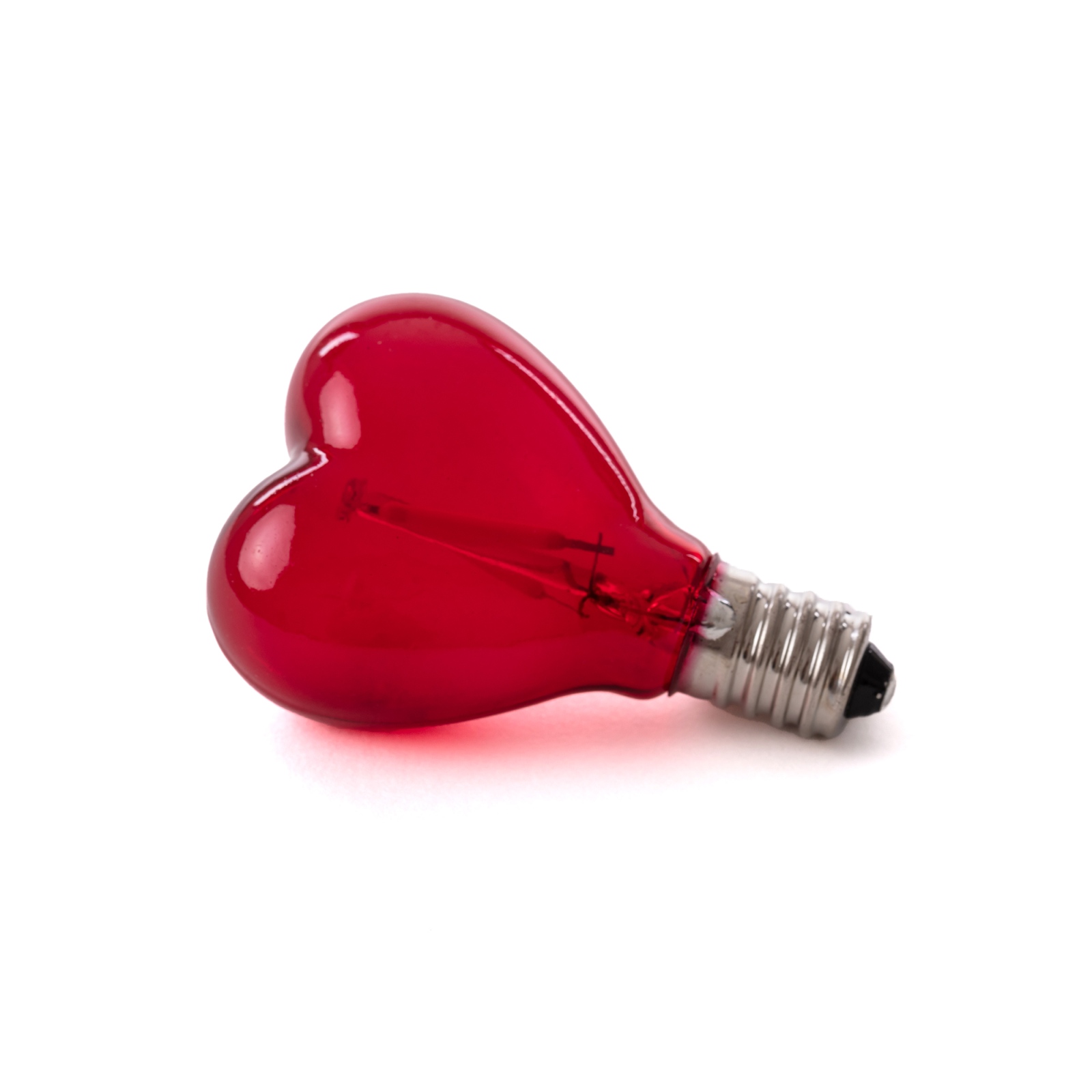 Rotes LED Leuchtmittel in Herzform für Seletti Mouse Lamp Love Edition, Nahaufnahme.
