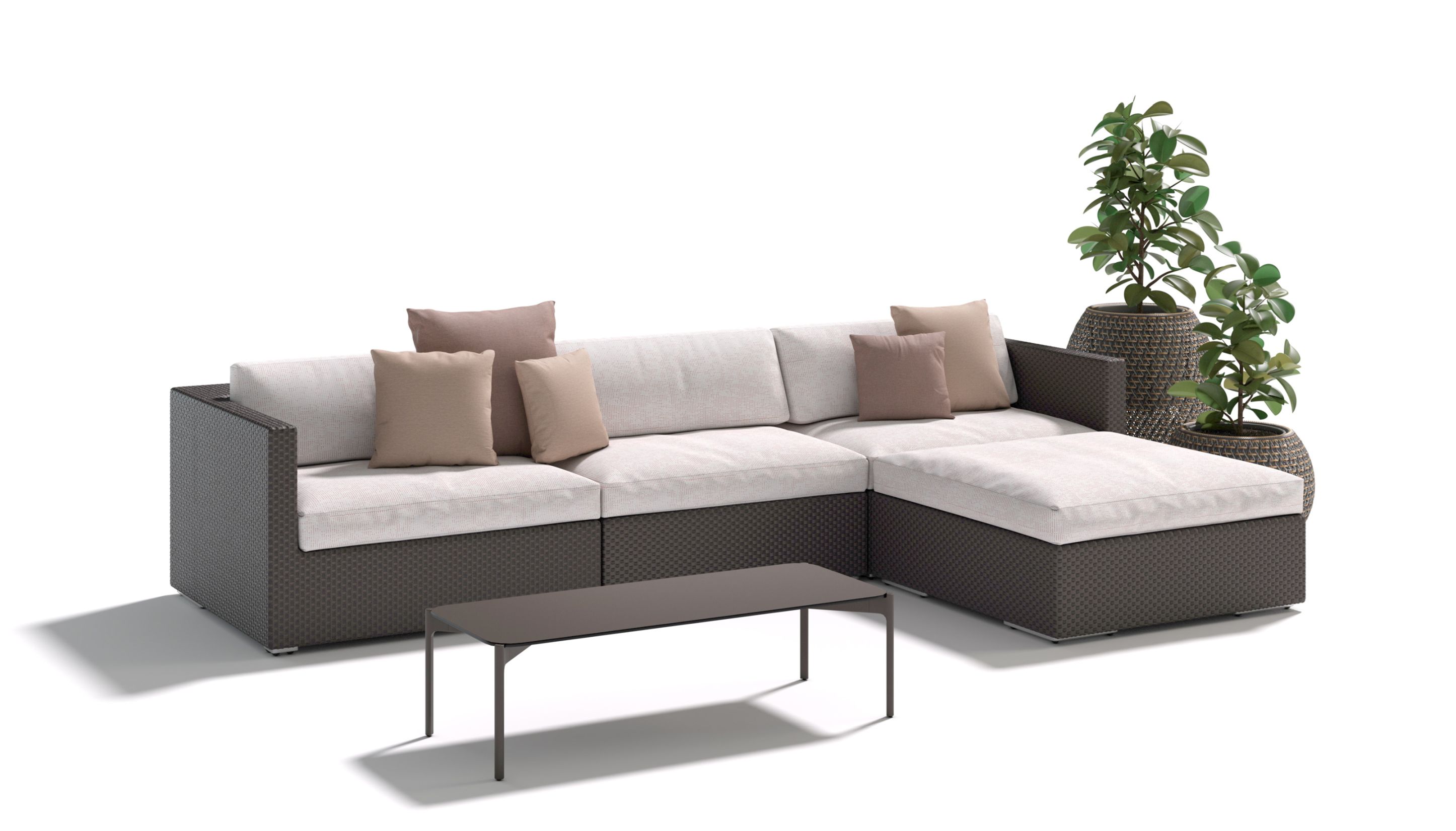 Dedon Lounge Möbel: Modulares Outdoor Sofa mit Tisch und Pflanzen, modernes Design.