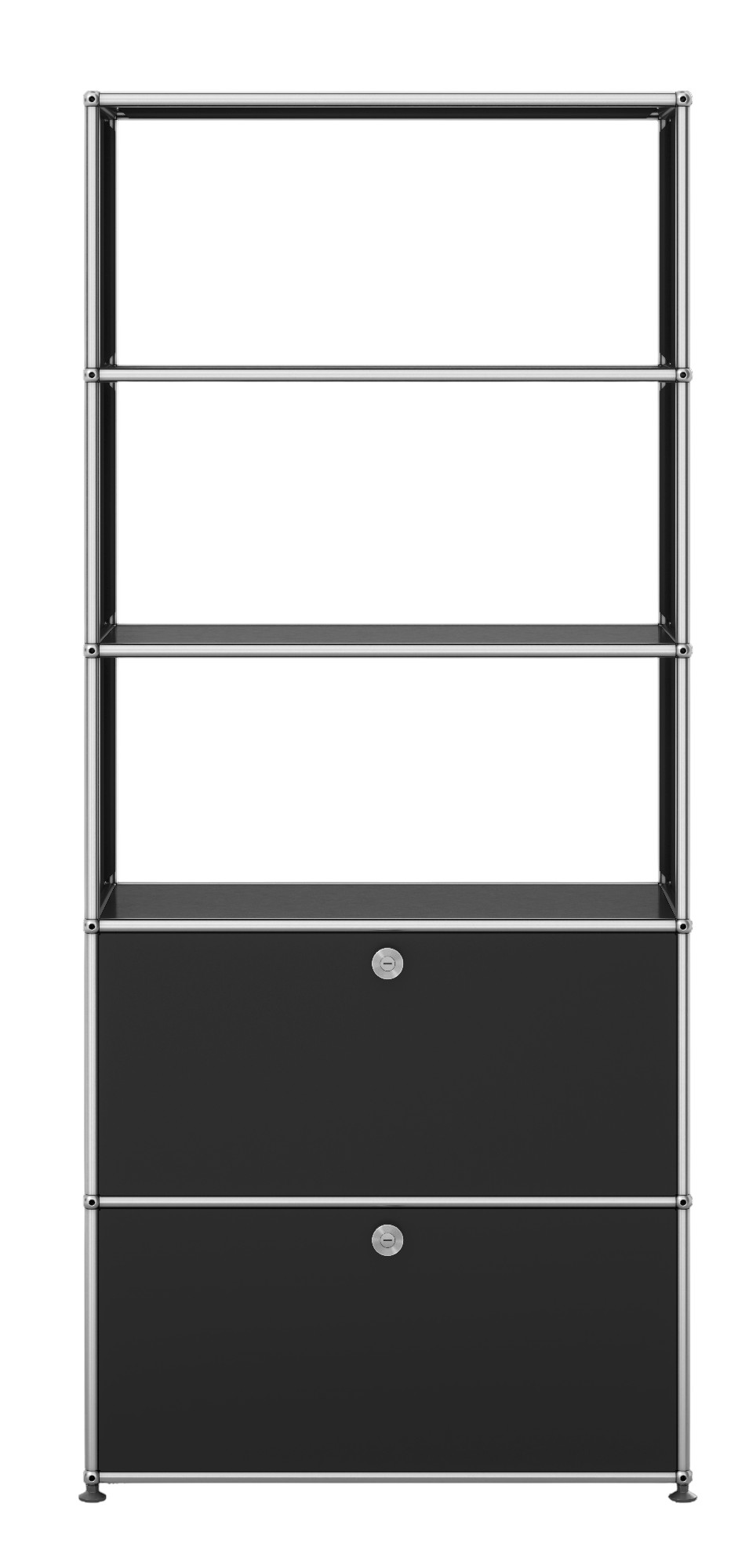 USM Haller Regal QUICK SHIP in Schwarz mit zwei Klappen und verchromtem Gestell.