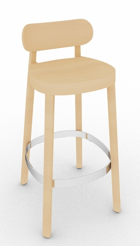 Heller Holzstuhl / Barhocker mit Rückenlehne und Fußstütze aus Metall. Thonet Design.