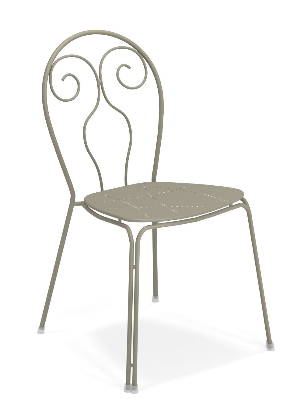 Caprera Stuhl von Emu, ein grauer Metallstuhl für den Außenbereich mit geschwungenem Rückenteil.