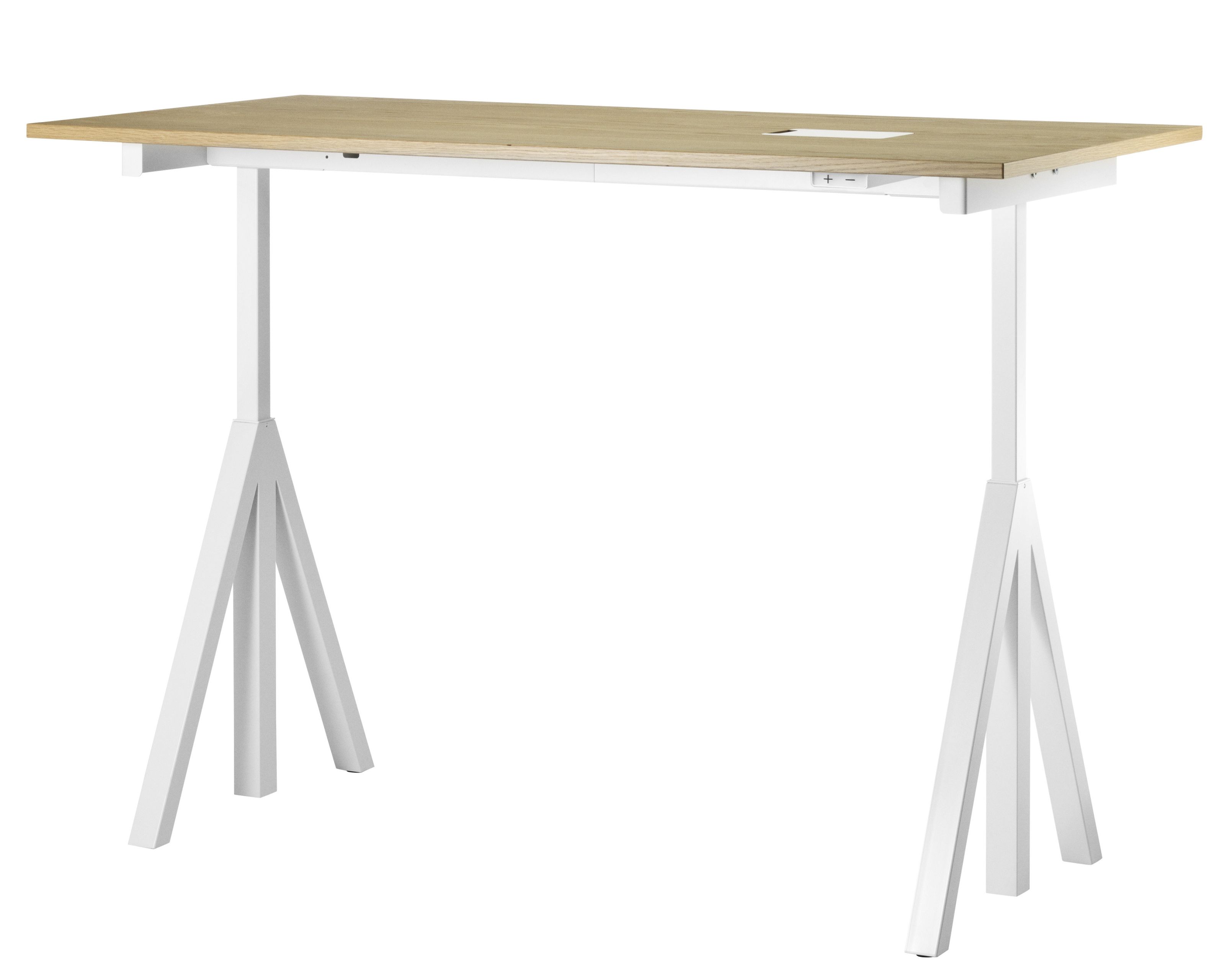 String Furniture Schreibtisch höhenverstellbar mit Eichenplatte und weißen Beinen. Ergonomischer Bürotisch für gesundes Arbeiten.