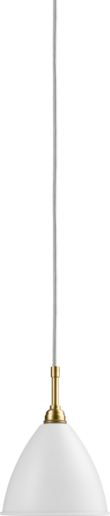 Nahaufnahme der Bestlite BL9 Pendelleuchte von Gubi in Weiß und Messing.