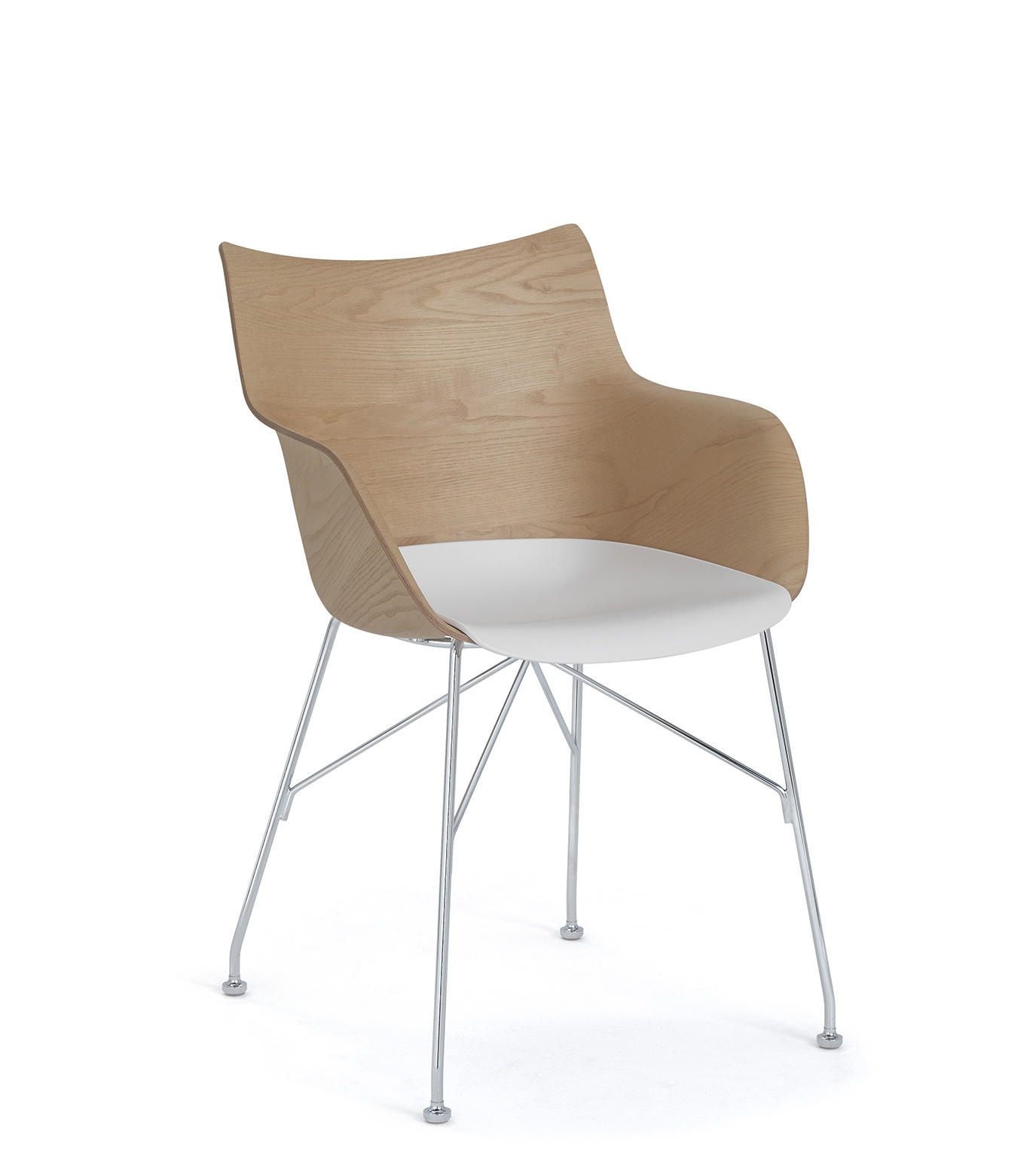 Q/Wood Stuhl von Kartell: Holzstuhl mit weißer Sitzfläche und verchromtem Metallgestell. Moderner Designstuhl.