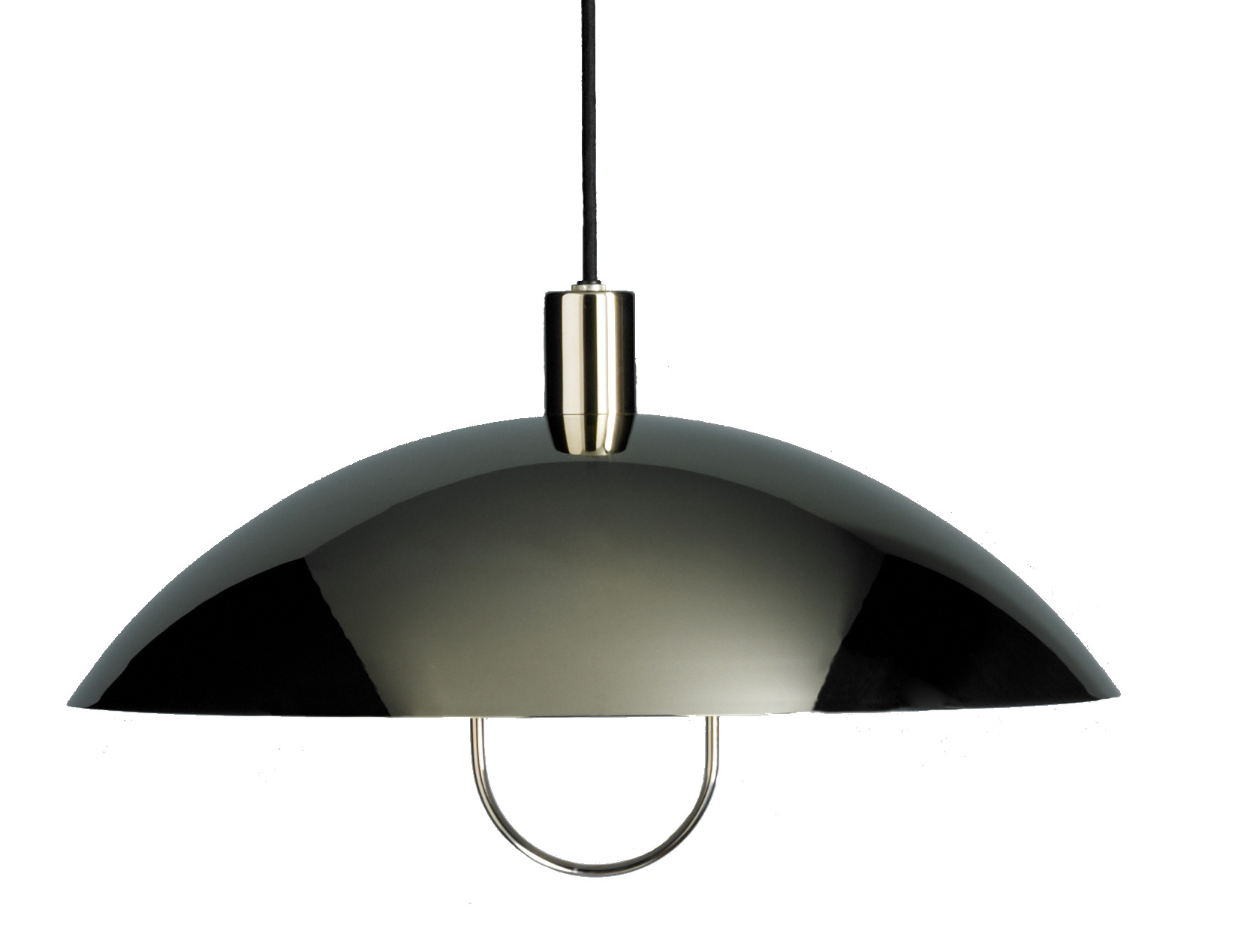 HMB 25/500 Bauhaus Pendelleuchte von Tecnolumen mit Rollenzug, schwarzer Lampenschirm und Metallbügel.