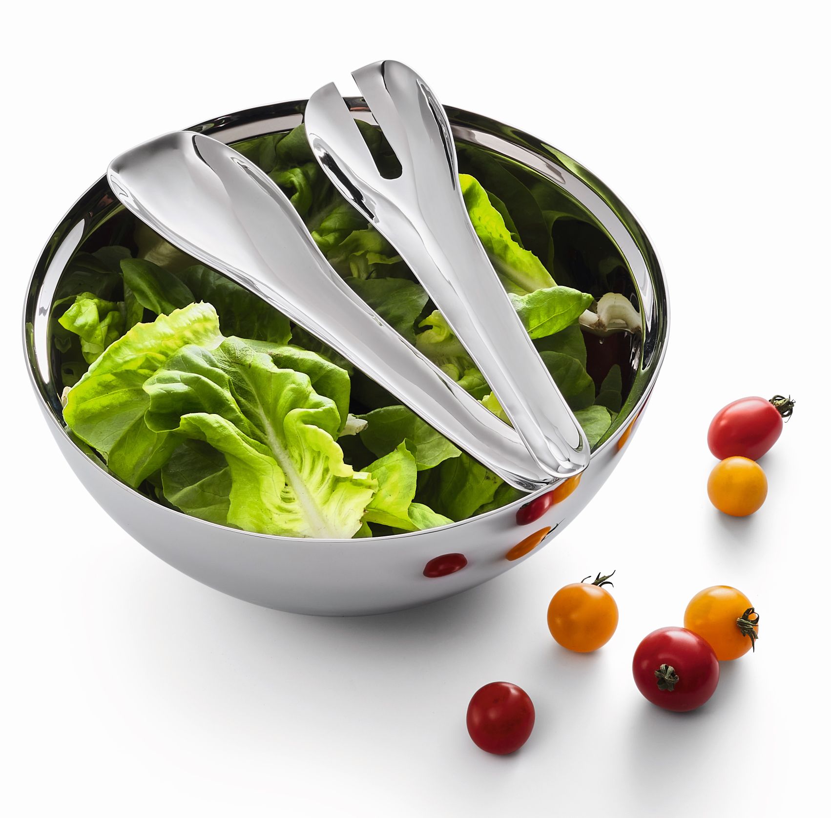 Insalata Salatschale aus Edelstahl mit Salatbesteck und frischem Salat, dekoriert mit Tomaten.