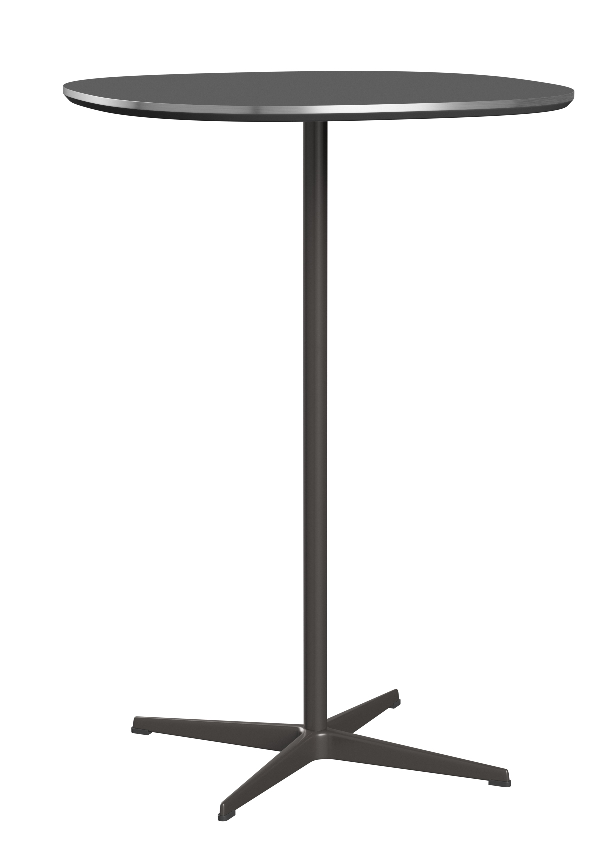 Fritz Hansen Zirkular Stehtisch, Höhe 108 cm, mit runder Tischplatte und grauem Metallfuß.