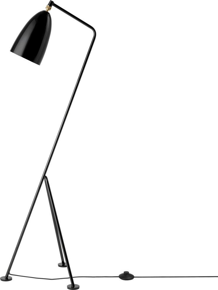 Gräshoppa Stehleuchte in glänzendem Schwarz von Gubi: Design-Stehlampe mit schlankem, geneigtem Lampenschirm.