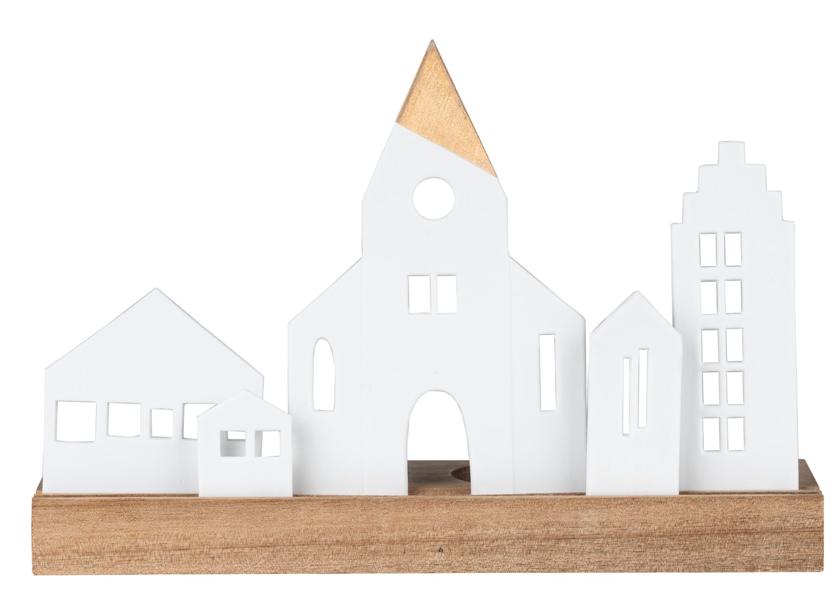 Lichtobjekt Städtchen: Dekoratives Holzobjekt mit weißen Häusern und goldener Kirchturmspitze auf Holzsockel.